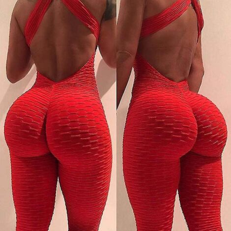 Combinaison de yoga pour femme, effet push-up fessier, taille haute, gainante et ventre plat, tailles S à XL, rouge. (1/4)