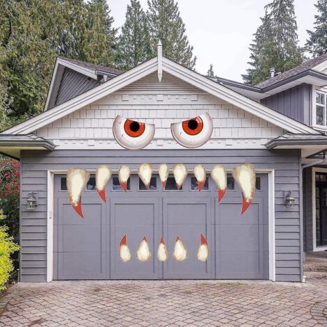Décorations d'Halloween pour l'extérieur : visage de monstre, grands yeux et crocs, décorations de porte de garage, d'arche, de fenêtre ou de voiture pour une fête d'Halloween. (1/5)