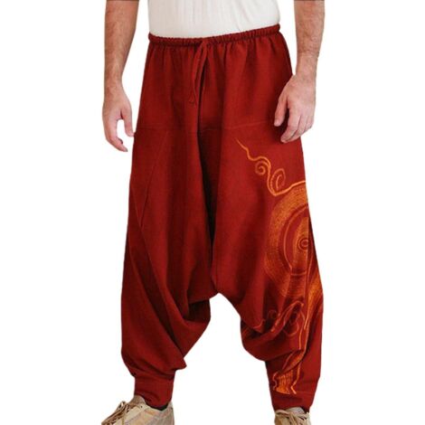 Pantalon de yoga homme style bohème plissé oversize style harem - 2XL - Rouge (1/5)