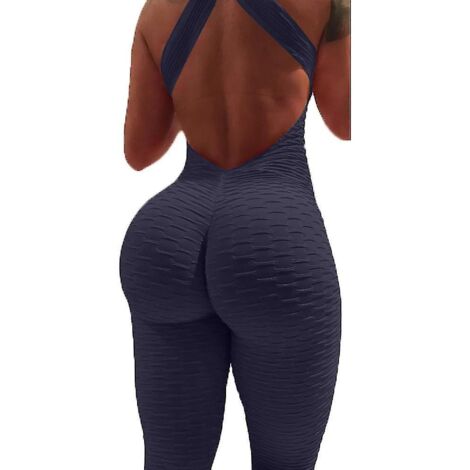 Combinaison de yoga pour femme, effet push-up fessier croisé, taille haute, style body gainant et ventre plat, taille S, bleu royal. (1/4)