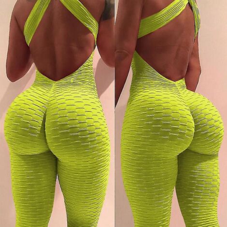 Combinaison de yoga pour femme, effet push-up fessier, taille haute, gainante et ventre plat, tailles S à XXL, jaune. (1/4)