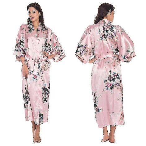Peignoir kimono en satin à fleurs pour femme, robe de chambre de mariage, vêtement de nuit - XL - Rose (1/5)