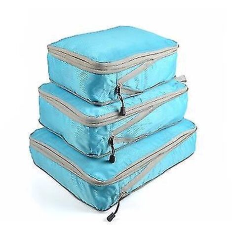 Lot de 3 cubes de rangement compressibles pour voyage, pliables et imperméables, en nylon bleu. (1/3)