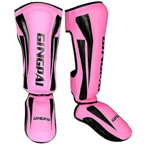 paire de protège-tibias de boxe en cuir PU, protection de cheville, jambières d'entraînement MMA Muay Thai, protège-tibias légers pour coups de pied - Taille S (moins de 135 cm) - rose (1/4)