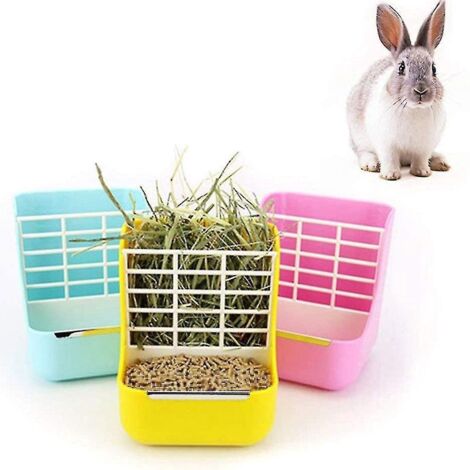 Mangeoire en plastique pour petits animaux avec support à herbe, amovible et 2 en 1, avec support à herbe et mangeoire fixe - Jaune (1/5)