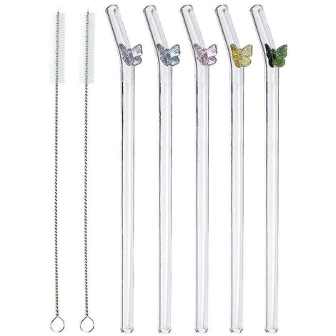 Lot de 5 pailles en verre réutilisables, pailles transparentes avec papillon coloré, résistantes aux chocs et courbées en forme de D. (1/5)