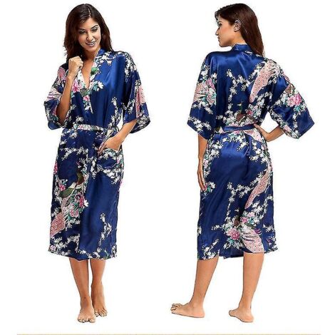 Peignoir kimono long en satin de soie douce et luxueuse pour femme - Taille 3XL - Bleu foncé (1/3)