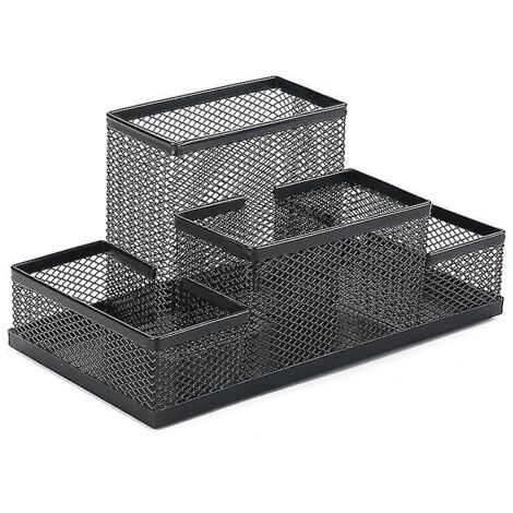 Organiseur de bureau, porte-crayons en métal, étagère de bureau avec porte-notes en filet, organiseur de bureau multifonctionnel, accessoire de rangement de bureau noir (1/5)