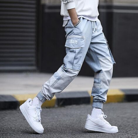 Pantalon Harajuku pour homme, style japonais, survêtement décontracté, pantalon cargo, pantalon hip-hop, taille S, bleu (1/4)