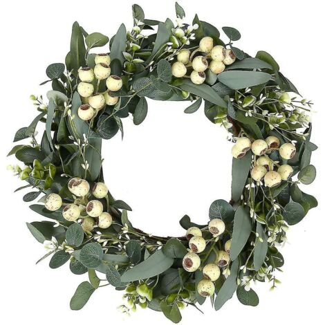 Couronne d'eucalyptus vert, couronne de feuilles d'eucalyptus artificielles avec grosses baies, couronne de verdure printanière/été pour décoration de porte d'entrée, mur ou fenêtre - 50 cm (20 po) (1/5)