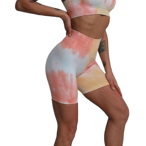 Short cycliste taille haute femme, dégradé de couleurs, pantalon de yoga, legging push-up - S - Bleu Orange (1/5)