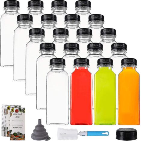 Lot de 20 bouteilles à jus en plastique de 35 cl avec bouchon noir, contenants transparents réutilisables avec couvercles, idéales pour préparer des jus, du lait, des vinaigrettes... (1/5)