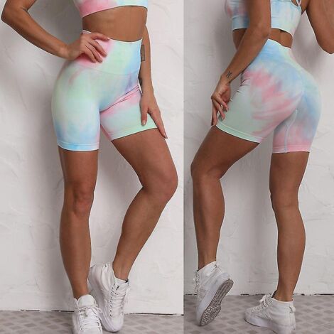 Short cycliste taille haute femme, dégradé de couleurs, pantalon de yoga, legging push-up - M - Vert rose