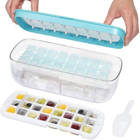 Bac à glaçons en silicone avec couvercle et bac de rangement, 48 alvéoles, moules à glaçons à pression, livré avec bac de rangement et pelle à glaçons. (1/5)