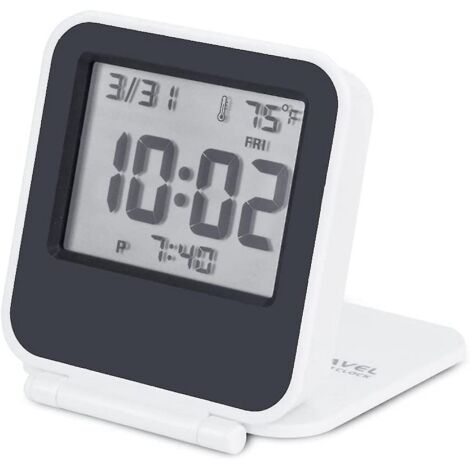 Petit réveil de voyage numérique, mini-réveil de voyage à piles avec rétroéclairage, mini-horloge de poche pliable portable avec calendrier et thermomètre (blanc) (1/4)