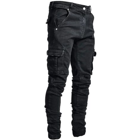 Pantalon cargo en denim pour homme, jean skinny, coupe slim décontractée - Taille S - Noir (1/3)