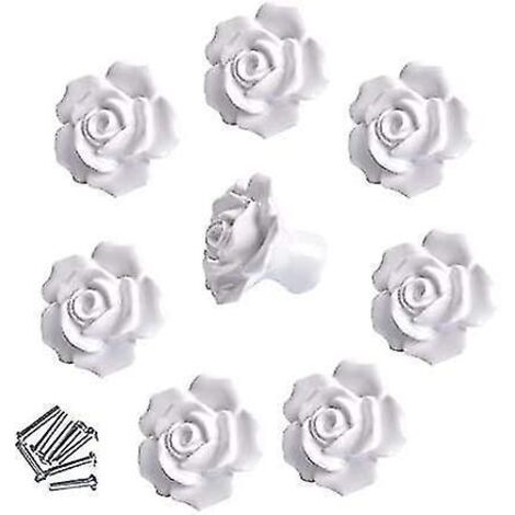 Lot de 8 poignées élégantes blanches en céramique en forme de rose, pour meubles et tiroirs. (1/5)