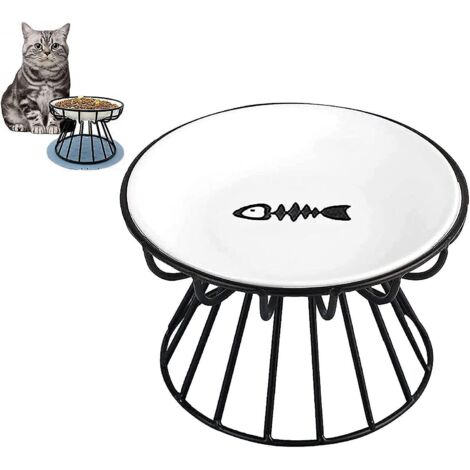 Gamelle anti-vomissements respectueuse des moustaches du chat, bol surélevé en céramique avec support en métal, gamelle peu profonde en céramique pour eau et nourriture, motif poisson, noire (1/5)