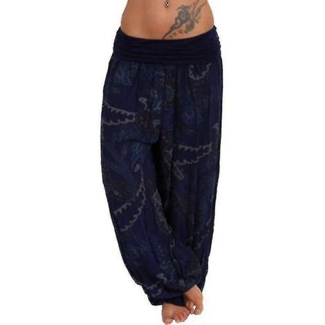 Pantalon harem imprimé grande taille pour femme, jambes larges, style bloomer ample - Taille S - Bleu marine (1/3)