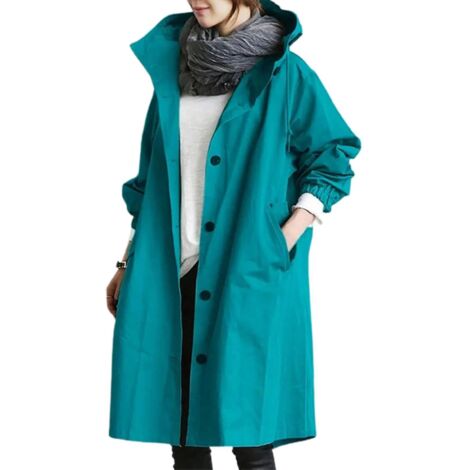 Veste coupe-vent femme décontractée, ample, à poches boutonnées, à capuche, imperméable, idéale pour la randonnée en extérieur - Taille L - Bleu (1/5)