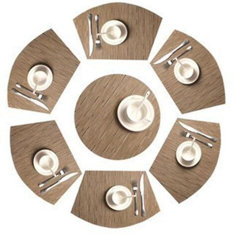 Set de 7 sets de table ronds en forme de coin avec centre de table, résistants à la chaleur et lavables - Kaki (1/5)