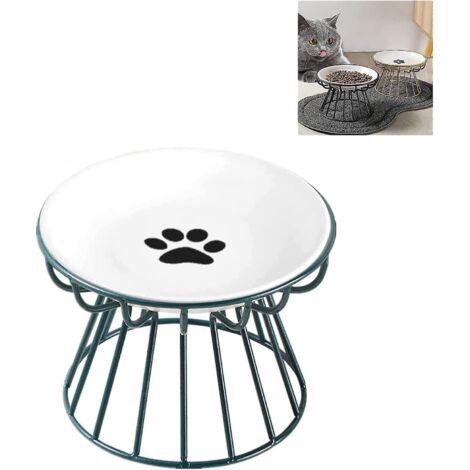 Gamelle anti-vomissements respectueuse des moustaches du chat, bol surélevé en céramique avec support en métal, gamelle peu profonde en céramique pour eau et nourriture, motif pattes, verte (1/5)
