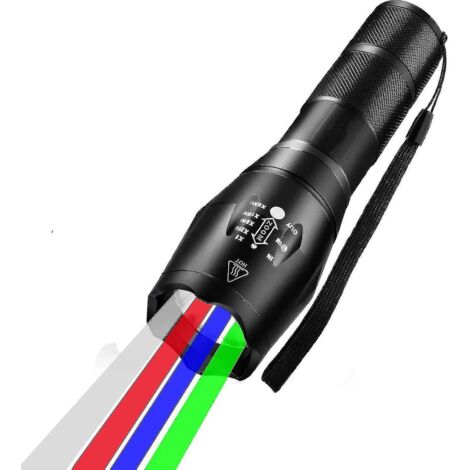 Lampe torche multicolore 4 en 1, 300 lumens, zoomable, un mode lumière blanche, rouge, verte et bleue, lampe torche de chasse (1/5)