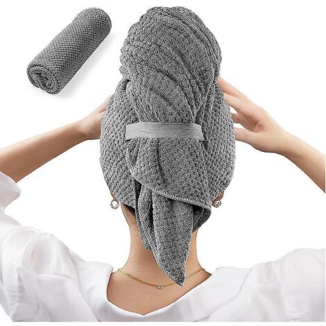 Grande serviette en microfibre pour cheveux, idéale pour les femmes. Serviette anti-frisottis avec élastique pour sécher les cheveux rapidement. Turban ultra-doux pour les cheveux. (1/5)