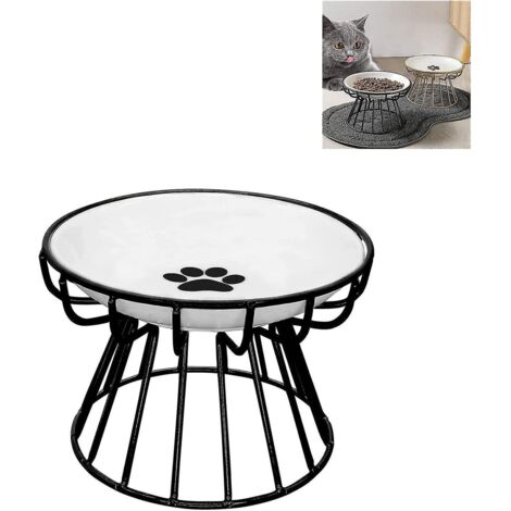 Gamelle anti-vomissements pour chat, respectueuse des moustaches, bol surélevé en céramique avec support en métal, gamelle peu profonde en céramique pour eau et nourriture, motif patte, noire (1/5)