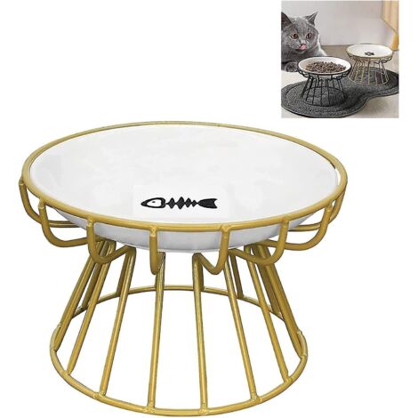 Gamelle anti-vomissements douce pour les moustaches du chat, bol surélevé en céramique avec support en métal, gamelle peu profonde en céramique pour eau et nourriture, motif poisson, couleur or (1/5)