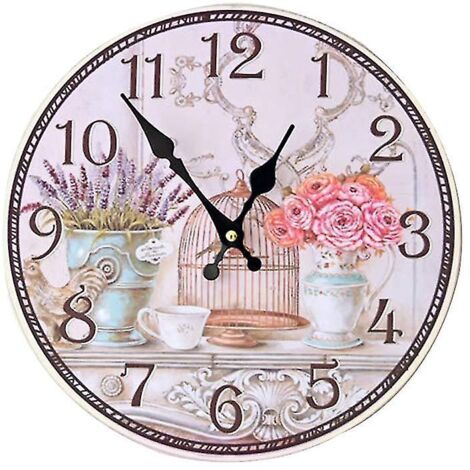 Horloge murale 30 cm de style floral européen vintage shabby chic, à quartz (sans pile) - Maison, chambre, cuisine (1/4)
