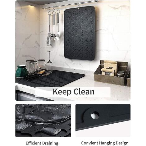 Tapis égouttoir à vaisselle pour plan de travail de cuisine, résistant à la chaleur, accessoires de cuisine (40,6 cm x 45,7 cm, noir) (1/4)