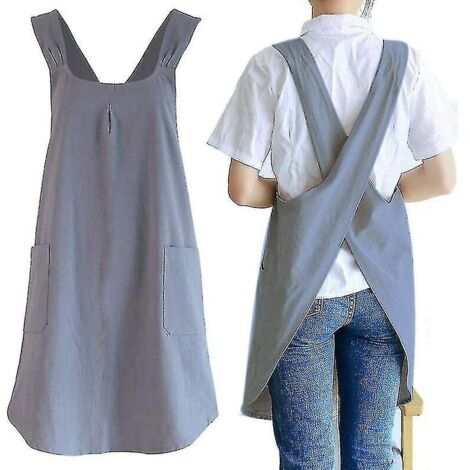 Tablier de jardinage croisé dans le dos, tablier de cuisine japonais en lin pour femmes avec de jolies poches pour cuisiner, peindre, jardiner, nettoyer, gris - gris foncé pour-- (1/5)
