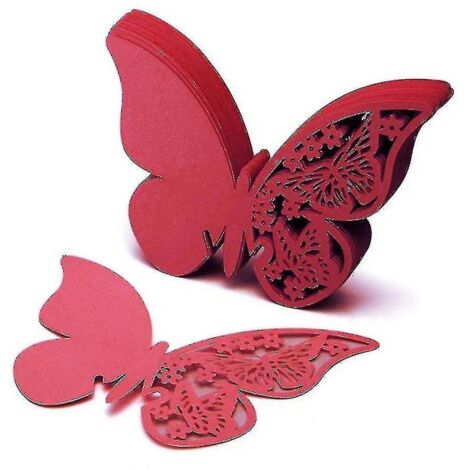 50 marque-places en papier découpé avec précision en forme de papillon pour verres à vin - Cadeau idéal - Rouge (1/3)