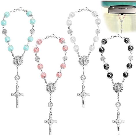 Lot de 4 perles de chapelet catholique, croix, accessoires de suspension pour rétroviseur de voiture, pendentif de bénédiction pour femme, décoration intérieure de voiture. (1/5)
