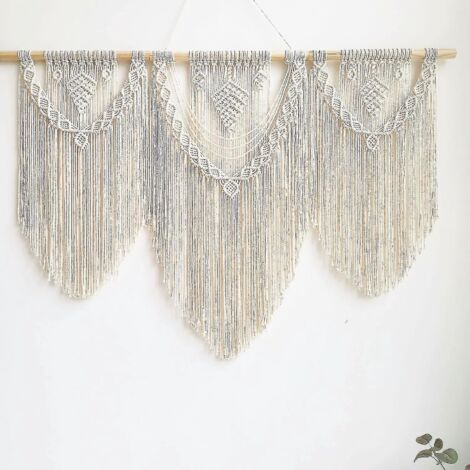 Grande tenture murale en macramé style bohème chic, tapisserie tissée avec pompons en forme de feuille, corde en coton, décoration murale bohème en macramé pour chambre, salon ou appartement. (1/5)