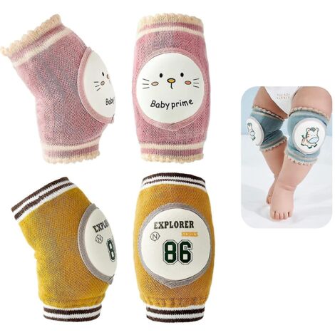 Lot de 2 paires de genouillères antidérapantes pour bébé, protège-genouillères unisexes, respirantes et confortables pour la marche des tout-petits – Rose et jaune (1/5)