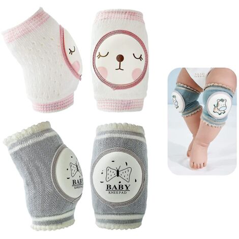 Lot de 2 paires de genouillères antidérapantes pour bébé, protège-genouillères unisexes, respirantes et confortables pour la marche des tout-petits – Blanc et gris (1/5)
