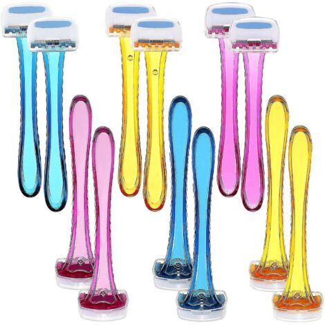 Lot de 12 rasoirs pour femmes, tondeuse bikini, accessoires de voyage durables, rasoir pour l'épilation du maillot, rasoir de beauté en T pour le corps (rose clair, jaune, bleu). (1/5)