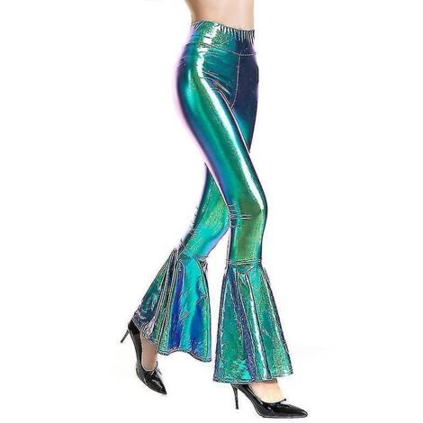Pantalon évasé femme, pantalon sirène à jambes larges, pantalon hippie métallisé Xinmu-S-Laser Blue (1/4)