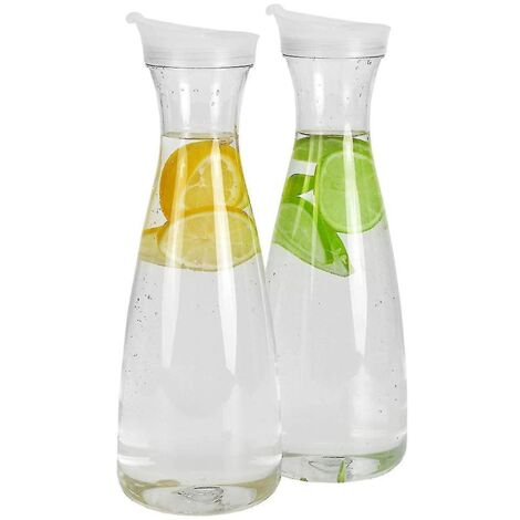Lot de 2 carafes à eau en plastique de 1 litre avec couvercles à clapet blancs - Qualité alimentaire et recyclables, incassables. (1/5)