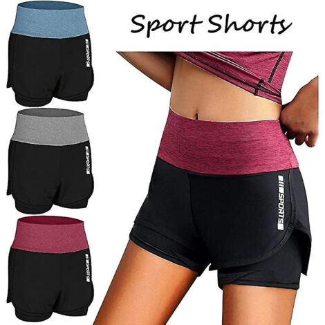 Short de sport 2 en 1 pour femme, taille haute, séchage rapide, idéal pour le yoga, le fitness et la salle de sport. Extensible, taille XXXL, vert. (1/5)
