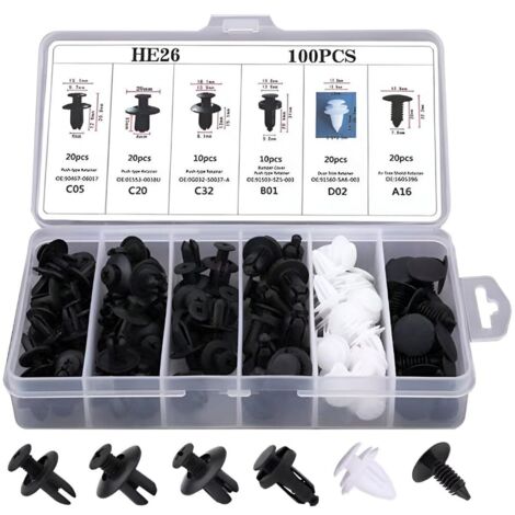 100 Pièces Attaches Pare-Chocs Auto, Rivets Plastique Kit Fixation, 6 Tailles Populaires Goupilles Rapides, Agrafes Rétention pour Panneaux Portes et Ailes GM Ford Toyota Honda (1/4)
