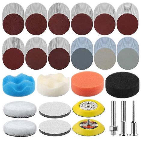 Kit de polissage pour perceuse avec 133 disques de ponçage de 7,6 cm (3 pouces) et tampons de polissage (voir illustration). (1/5)