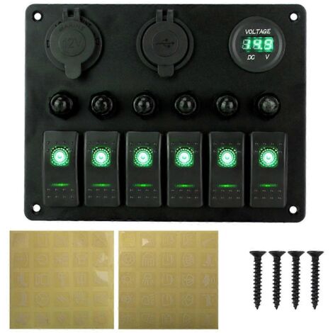 Panneau de commande universel pour voiture et camping-car à 6 interrupteurs, voltmètre à bascule 12/24 V, piles AA illustrées (1/5)