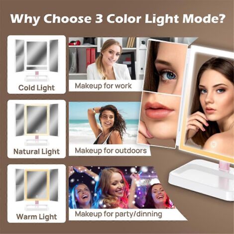 Miroir de maquillage de voyage LED, miroir cosmétique pliable rechargeable, blanc (1/5)
