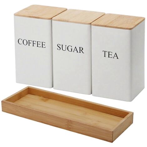 Boîte de rangement de cuisine avec couvercle, pot en métal pour thé, café et sucre, blanc (1/5)