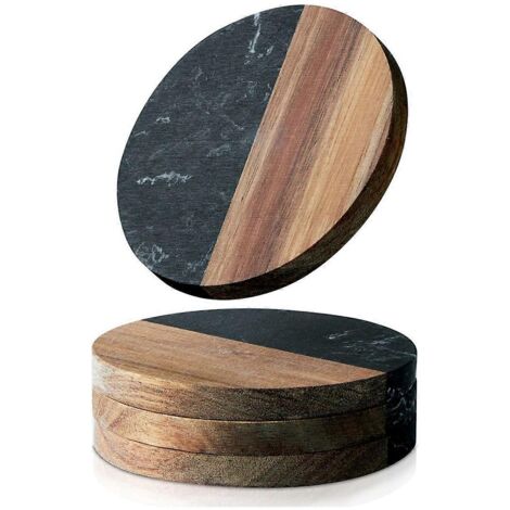 Lot de 4 sous-verres pour boissons, sous-verres en marbre et bois (photo couleur) (1/5)
