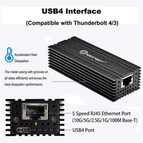 Adaptateur USB 4.0 vers Ethernet 10 GbE compatible avec 4 câbles noirs (1/5)
