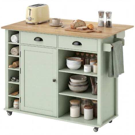 Îlot de cuisine avec plateau rabattable, chariot roulant à 2 tiroirs, porte-serviettes, vert